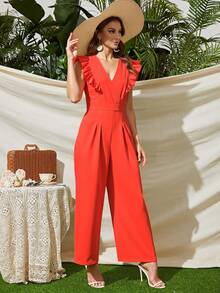 Elegante Mono De Piernas Anchas De Color Sólido Con Olan Para Mujer - Naranja Coral - Ver 3