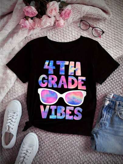 Girls' 4th Grade Vibes Back To School T-Shirt - Soft Breathable Short Sleeve Crew Neck Tee, Casual Youth Top For First Day Of School &Amp; Teacher Apparel, Playful Design | Comfortable Fit