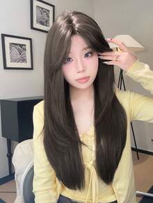 alicegarden 1 款合成耐热长直发假发，带刘海，酷棕色长直发，28 英尺长，纤维制成，自然逼真的假发，适合日常使用 - 棕色 - 查看 3