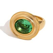 MamacitaSlay 1pc Vintage Style Stainless Steel 18K Gold Plated Elliptical Green Zirconia Stone Personalized Ring