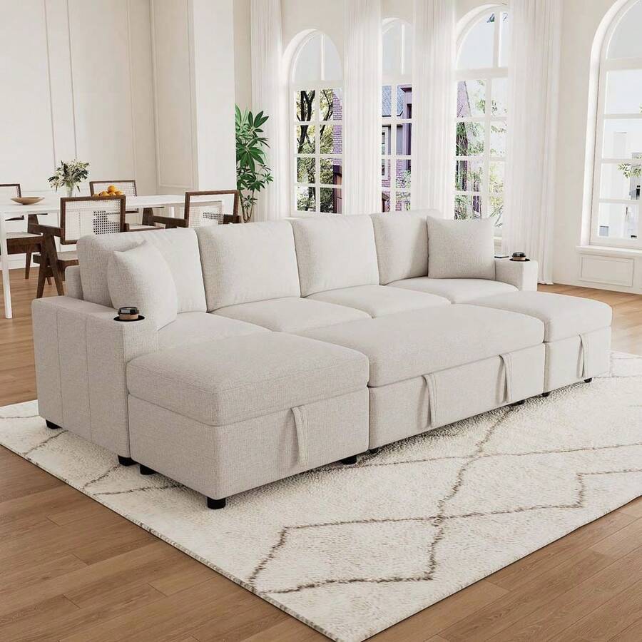 MERAX 109.1" Sectional Sofa Convertible Pull-Out Sofa Bed L-Shaped Sofa U-Shaped Sofa With A Movable Storage Ottoman For Living Room, Beige