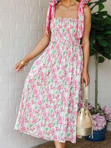 Women Summer Boho Maxi Dress Floral Tie Shoulder Flowy Long Dress Square Neck Ruffle Tiered Beach Sundress - 粉色 - 查看 4
