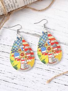 Vintage Leopard, Sunflower, Cross, Red White Blue Striped Star Patriotic USA Women PU Double Sided Water Drop Pendant Earrings