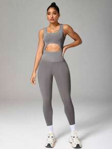 Mono casual de mujer de talla grande de unicolor con recortes huecos y silueta slim, mono de verano multiusos para atletismo, running y actividades al aire libre