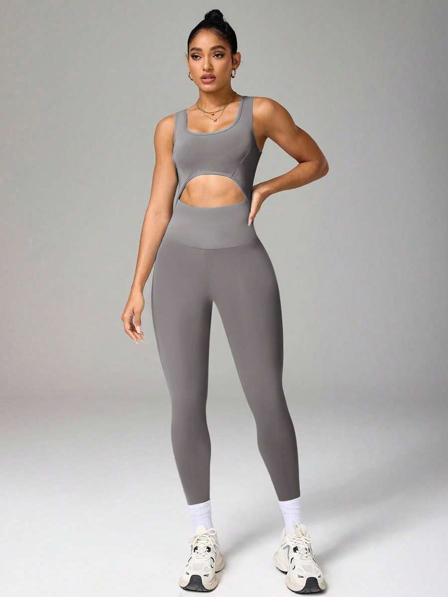 Mono casual de mujer de talla grande de unicolor con recortes huecos y silueta slim, mono de verano multiusos para atletismo, running y actividades al aire libre