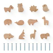 6/12 件木制卡通抽屉拉手，动物形状抽屉旋钮橱柜育儿室把手，带安装螺丝 - 适用于衣柜、梳妆台、床头柜和抽屉的耐用五金件，12 种卡通动物。