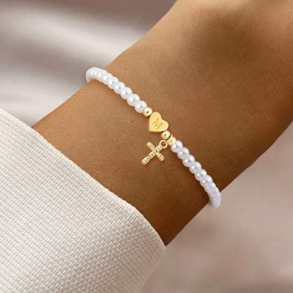 1 peça Nova Pulseira Clássica de Aço Inoxidável com Coração Inicial e Zircônia em Pave e Cruz com Pérolas Falsas para Mulheres