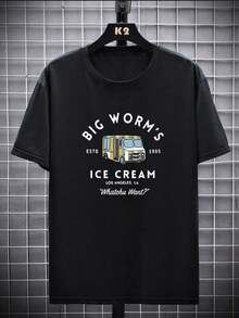 Plus Size Men's Slogan & Bus Graphic Round Neck Short Sleeve Casual T-Shirt-100 Percent Cotton