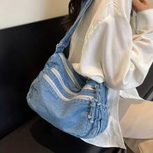 Women's Large Denim Crossbody Tote Bag - Adjustable Shoulder Strap, Multiple Zipper Compartments And Wrist Strap, Lightweight And Durable Canvas Wallet, Suitable For Casual Retro Daily Use, Shopping, Work - Màu xanh nhạt - Xem 4