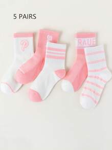 5 pares de calcetines hasta la pantorrilla para niños, calcetines de red y malla para niñas en rosa, blanco, color contrastante, multicolor, con letra "P", a rayas, de doble raya en estilo deportivo, de alta elasticidad, calcetines de red y malla hasta la pantorrilla, adecuados para todas las estaciones, aptos para uso diario de estudiantes, pueden combinarse con zapatillas casuales, zapatos de vestir, ideal para la temporada de vuelta al colegio