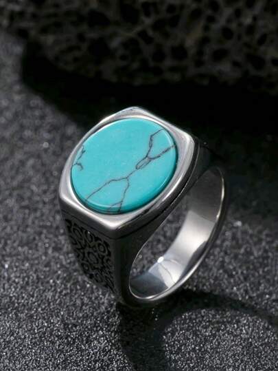 Men's Round Turquoise Ring Stainless Steel Bohemian Summer Jewelry Vintage Style Boyfriend Gift