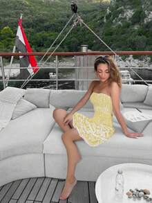 Váy in họa tiết ren vá bèo nhún gợi cảm thanh lịch mới cho nữ, váy đi biển Bohemian Resort, mùa hè - Màu vàng - Xem 9