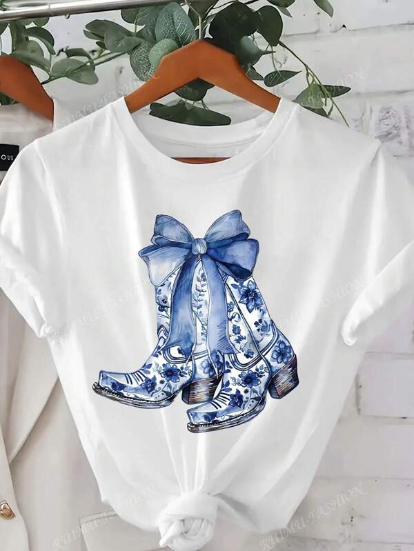 Damen Große Größen chinesischer blau-weißer Blumen Grau Schleifen Stiefel, im Western-Stil mit Kuh-Muster, geeignet für Frühling & Sommer; Damen einfarbiges Rundhals Kurzarm Lässig T-Shirt