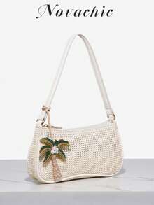 Novachic，简约编织风格，海洋动物装饰吊坠配串珠链，夏季包包，海滨度假风格，女士拉链单肩包，腋下包，流浪包，适合日常和度假使用 - 米色 - 查看 2