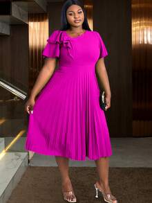 Plus Size Women Asymmetric Neckline Elegant Ruffle Sleeve A-Line Dress, Suitable For Commute, Graduation Ceremony, Church Service, Graduation Gown Summer - Hot Pink - View 5
