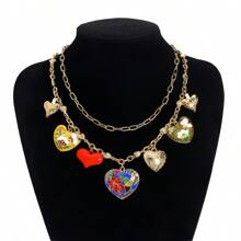 2 Stücke bohemian-artiger mehrschichtiger Halskette mit Herz-Anhänger, modischer bunter Herz-Charm doppelte Ketten Halskette, geeignet für Frauen Alltagsparty, Geschenk