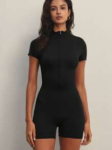 FWH 复古风健身连体衣，收腰提臀设计，收腹提臀，前卫街头风格，腰部塑形拉链细节，性感街头风格，女式拉链前连体衣，塑身衣 - 黑色 - 查看 4