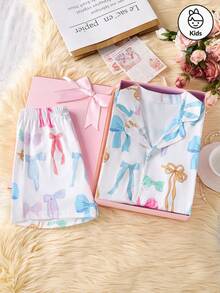 Sweet, Fashionable And Casual Girls' Summer Home Two Pieces Set, Colorful Bow Short Sleeve Shorts Suit, Stand Collar Cardigan Design, Comfortable Fabric, Very Suitable For Wearing At Home, Reading, Resting And Relaxing. - White - View 3