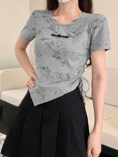 Áo thun cổ tròn in họa tiết phong cách Trung Hoa mới, áo crop top ngắn theo cho nữ, mùa hè