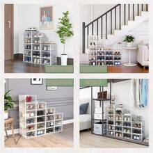12-Piece Thick Transparent Shoebox With Lid, Foldable Stackable Shoe Rack, Free Combination, Plastic Sneaker Container, Space Saving Storage Organizer For Porch, Bedroom, Home, Dormitory - Trong sáng - Xem 8