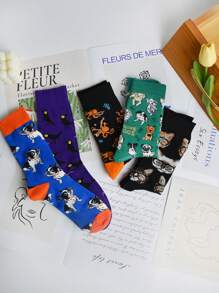 5 Pairs Women Cartoon Dog Print Socks, Cute Animal Pattern Comfortable Daily Casual Fashion Mid-Calf Socks, Autumn/Winter