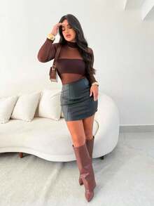 Women's Short Bodysuit With High Neck, Long Sleeves, Transparent, Tulle With Elegant, Sensual, Party, Winter Fashion, Sophisticated, Basic, Casual, Daytime, For Parties And The Beach, Comfortable, 2025, Blogger Fashion - 鏽棕色 - 查看 3