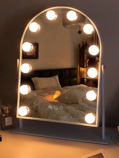 FENCHILIN FENCHILIN Espejo de tocador LED, espejo de tocador curvo con 12 luces, 30 cm x 41 cm, espejo de estilo romántico francés para el dormitorio, espejo de tocador de sobremesa, tres luces orientables, blanco