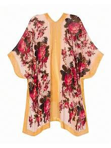 Mother's Day Gift Shawl,Casual Vintage Style Half Sleeve Kimono For Women Long All Over Print With Slit Hem Semi Sheer - Màu vàng với hoa đỏ - Xem 2