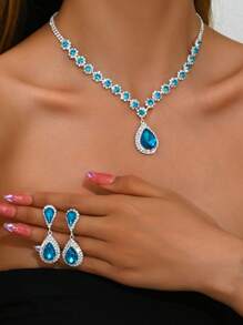 1 pieza Deslumbrante collar de novia con cristales verdes + 1 pieza de aretes de novia de lujo en forma de lágrima con cristales, set de 3 piezas de joyería de novia de moda adecuado para boda, gala, accesorio para vestido formal, festival