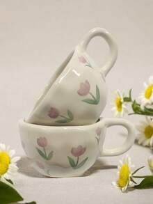 Ceramic Coffee Cup With Flower Pattern, Cups For Home, Office Or Breakfast, Milk Cup, School Utensils - Multicolor - View 9