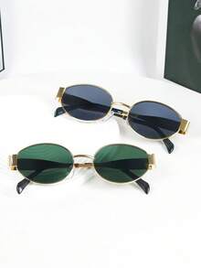 2副复古波西米亚风金属框椭圆形时尚眼镜，男女皆宜，适合街头风、海滩度假、日常休闲佩戴 - 綠色灰色 - 查看 3