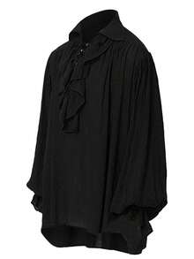 Retro Men's Shirt, Ruffle Lace Up V Neck Long Sleeve Solid Color Cosplay Prince Drama Stage Costume - 黑色 - 查看 2
