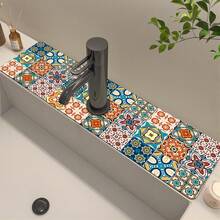 1pc Bohemian Silicone Drain Mat With Anti-Slip Vintage Pattern, Fits Various Faucets For Bathroom, Kitchen,Non-Slip Kitchen Mats For Sink Side, Natural And Hygienic Kitchen Essential For Home And Kitchen Room Decor, Part Of Your Cozy Fall& Winter Styles And Christmas Decorations