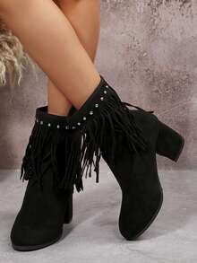 Fall/Winter Retro Fringe High Heel Boots, Women Fashion Rivet Western Thick Heel Round Toe Ankle Boots,Boots For Women