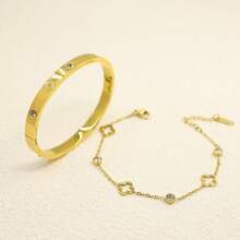 Pulseira de diamante com flor de quatro folhas vazada, 2 peças/conjunto, aço inoxidável banhado a ouro 18k, sem desbotamento, adequada para uso diário feminino ou presente para amigos
