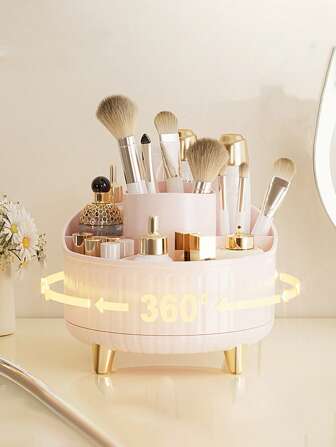 360° Rotating Makeup Organizer, Desk Storage Bucket, For Lipstick, Eyebrow Pencil, Powder Brush, Dresser Compartment Storage Holder, Pen Cup