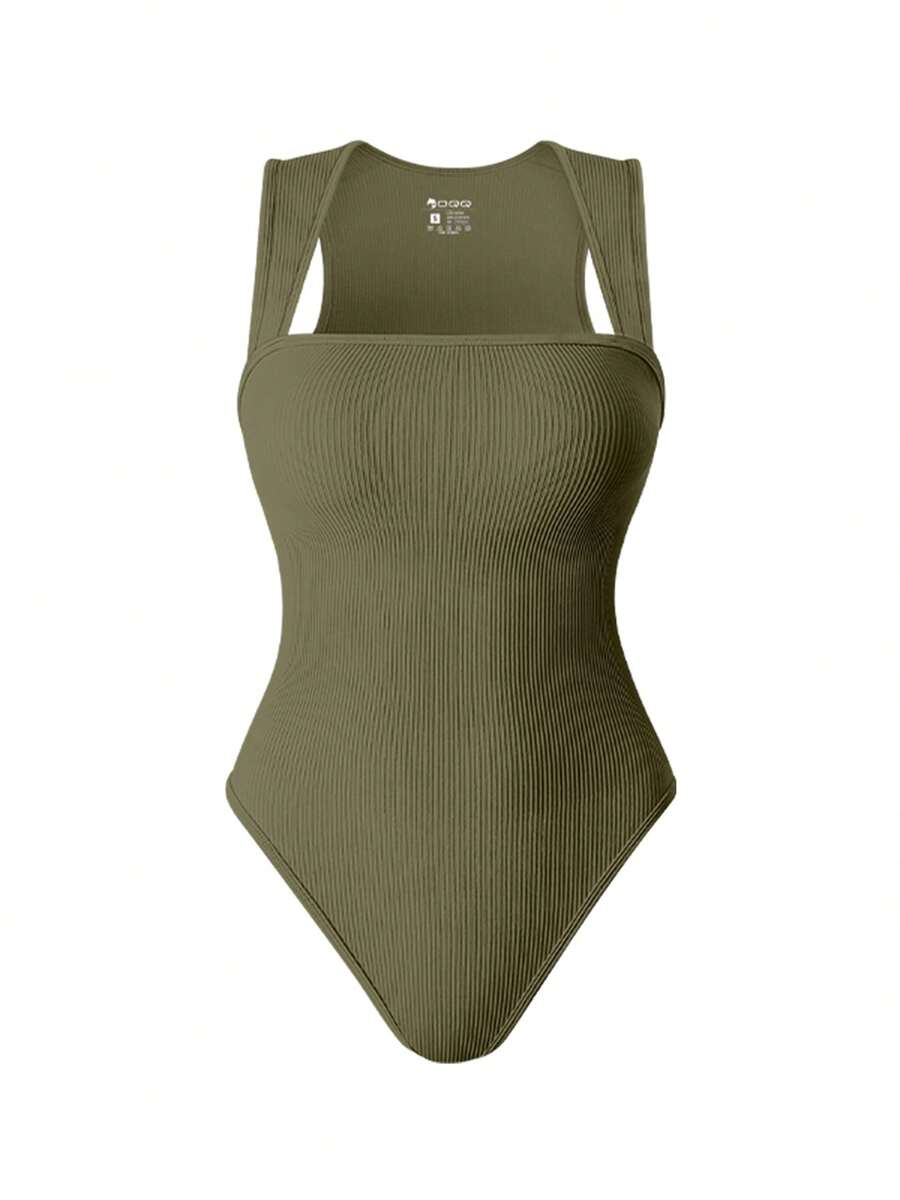 Strappy Square Neck Sleeveless Tummy Control Tank Tops Bodysuits - Kimchi Color - View 1