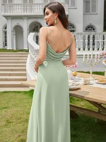 Volly Toych Celadon Solid Color Floor-Length Chiffon Spaghetti Straps Elegant Formal Bridesmaid Dress With Low Back, Wedding Guest Dress - Mint Green - View 3