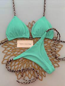 两件套简约性感挂脖豹纹比基尼泳衣，适合度假海滩夏季穿着 - 淺綠色 - 查看 1