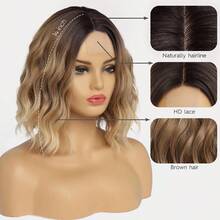 Wig Female Front Lace Wig Middle Parting Lace Highlights Water Ripple Short Curly Hair - Gold - View 2