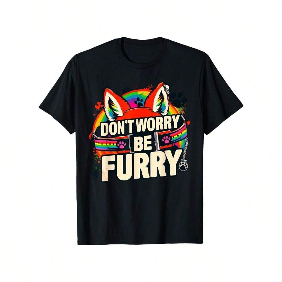 Don't Worry Be Furry Fox Wolf Rainbow Cute Fursona Fandoms T-Shirt, 100% Cotton, Gift For Men Dad Husband Grandpa Friends, S-XXXL, Black - 黑色 - 查看 1
