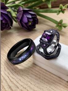 طقم خاتم خطوبة أنيق من الأحجار الكريمة البنفسجية والزركونيا، قطع وسادي اصطناعي، خواتم زفاف، مجوهرات للنساء