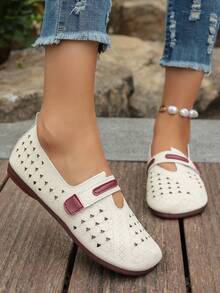 Women's Floral Hollow Lace-Up Flat Comfortable Breathable Casual Loafers - White - View 5