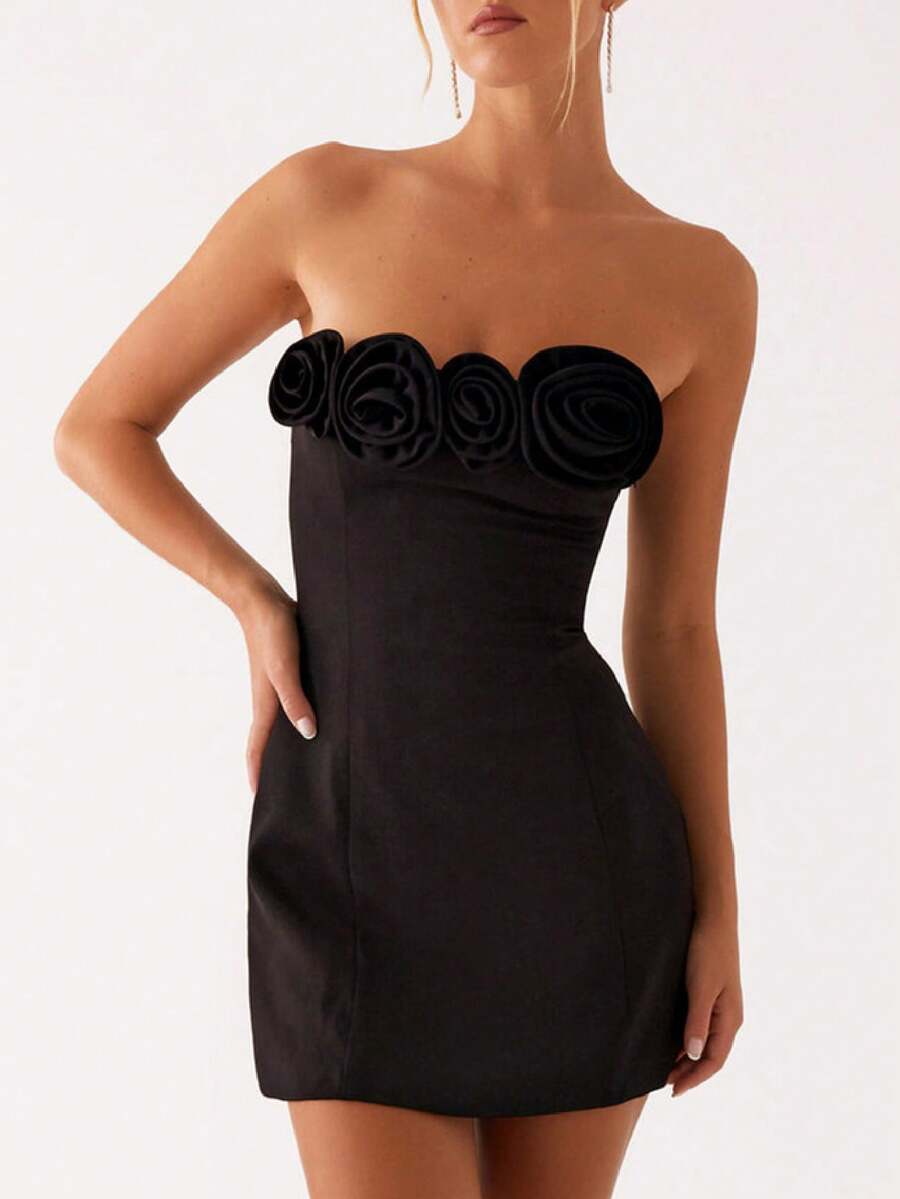 Women 3D Rose Flower Mini Dress Stain Strapless Homecoming Short Dresses Elegant Prom Cocktail Party Gown - 黑色 - 查看 1