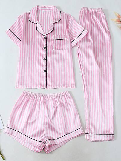 Satijnen Women Pajama Set, Short Sleeve Top, Shorts Pants, Loose Sleepwear Com Tafel Home Outdoor, Roze view 2