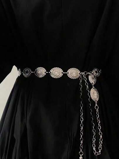 1 pieza Cadena de cintura alargada de aleación plateada para mujer, cinturón de cadena de metal lujoso para vestidos, trajes, vestimentas tradicionales chinas Hanfu, moda