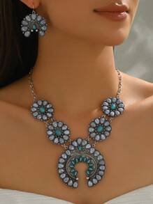 3pcs/Set Boho Style Turquoise Flower Design Alloy Necklace And Earrings Set, Suitable For Women Party Wear