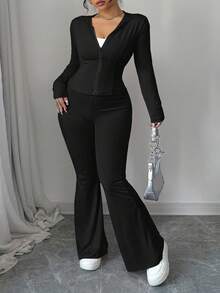 abyoxi 大码黑色连帽拉链长袖运动风上衣喇叭裤两件套，2件套，时尚简约休闲户外街头运动日常辣妹春夏女装年轻辣妹