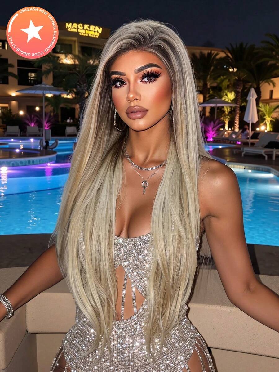 金色渐变色 13*3.5 高清透气透明蕾丝前假发 - 30 英寸超长直发 - 耐热合成假发 - 非常适合日常、派对、舞会 - 女士万圣节服装假发