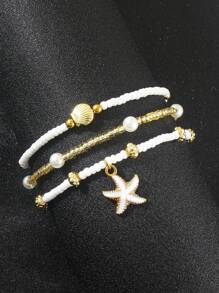 Set de 3 piezas Tobillera con colgante de estrellas de mar y conchas, decoración de perlas falsas irregulares, estilo bohemio, pulsera de tobillos apilable, adecuada para bikinis sexy de mujer, fiestas en la playa, vacaciones y regalo ideal (La cantidad y el pedido de cuentas son aleatorios)